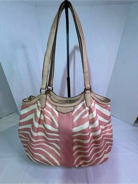 Coach Pink and Cream Zebra-Stripe Canvas Tote